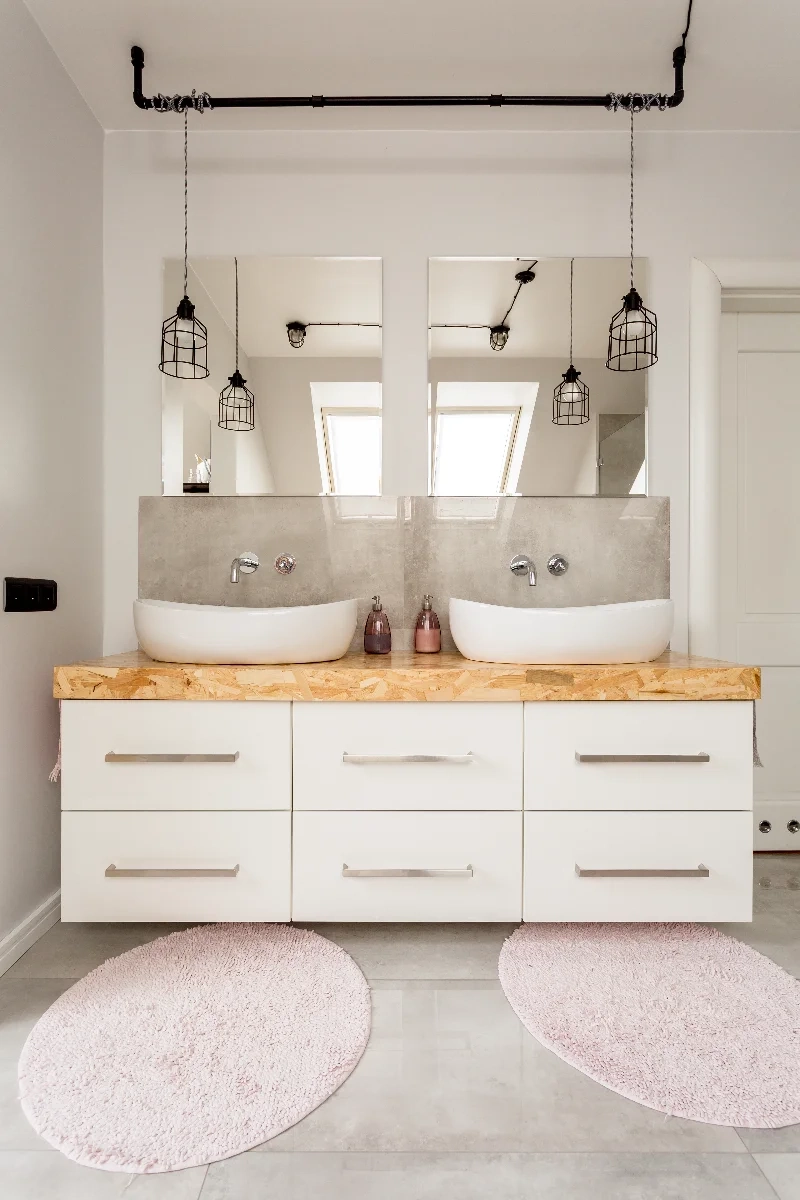 Modernes Badmöbel Set mit Doppelwaschtisch, Holzplatte und wandmontierter Armatur